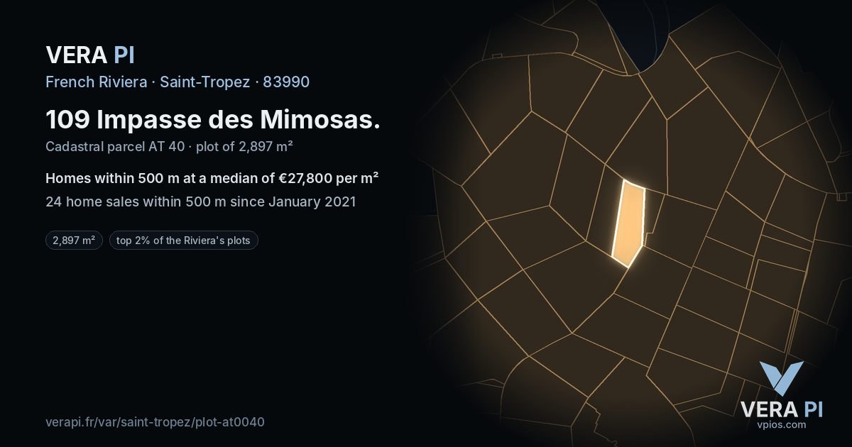 109 Impasse des Mimosas, Saint-Tropez at night – the plot lit, the parcels around coloured by the prices near them
