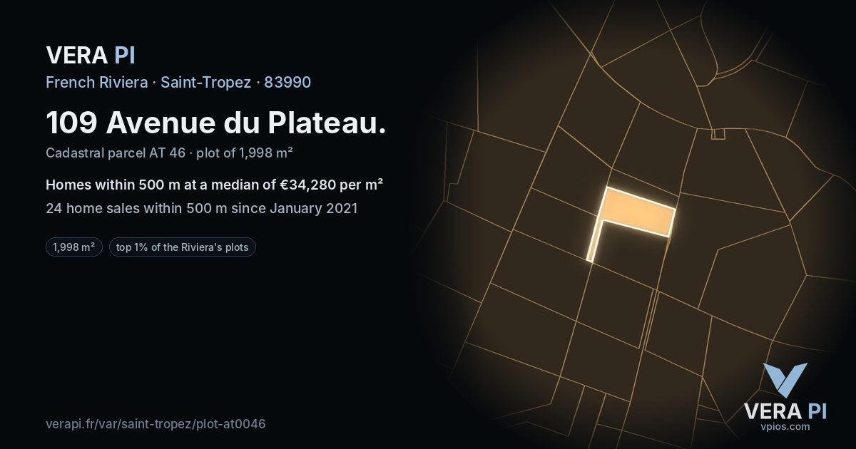 109 Avenue du Plateau, Saint-Tropez at night – the plot lit, the parcels around coloured by the prices near them