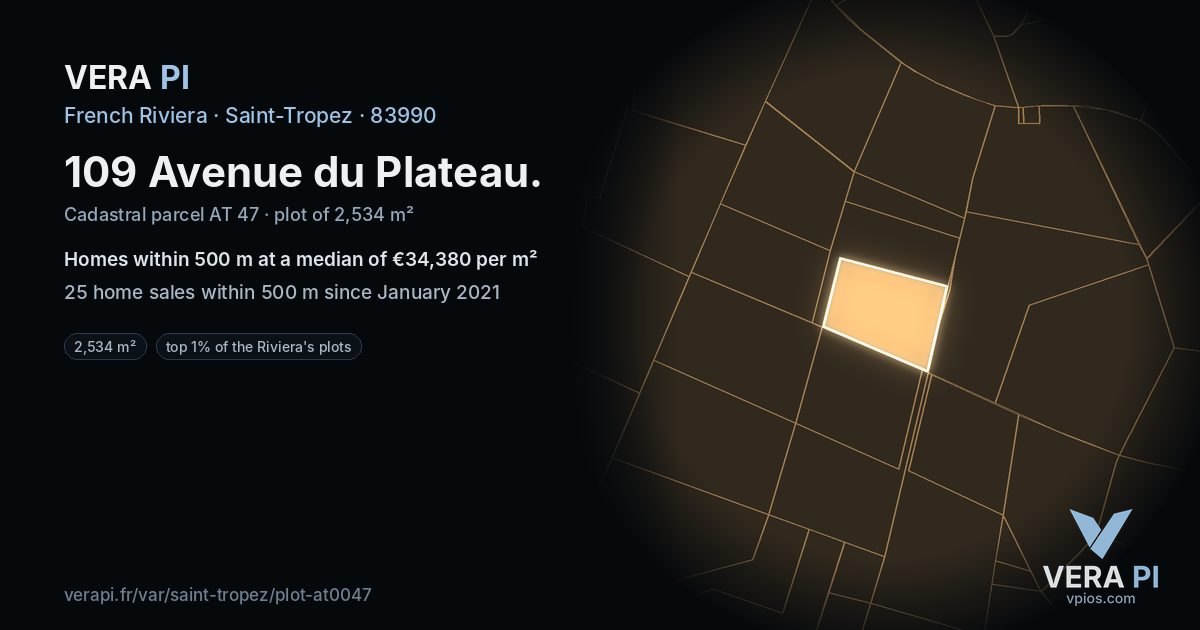 109 Avenue du Plateau, Saint-Tropez at night – the plot lit, the parcels around coloured by the prices near them