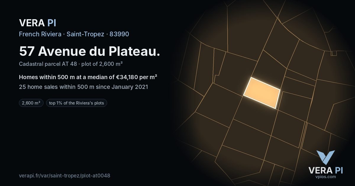 57 Avenue du Plateau, Saint-Tropez at night – the plot lit, the parcels around coloured by the prices near them