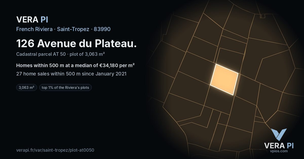 126 Avenue du Plateau, Saint-Tropez at night – the plot lit, the parcels around coloured by the prices near them