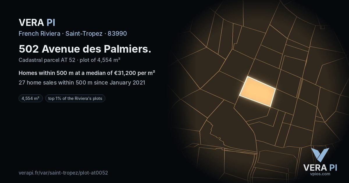 502 Avenue des Palmiers, Saint-Tropez at night – the plot lit, the parcels around coloured by the prices near them