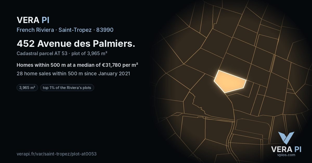 452 Avenue des Palmiers, Saint-Tropez at night – the plot lit, the parcels around coloured by the prices near them