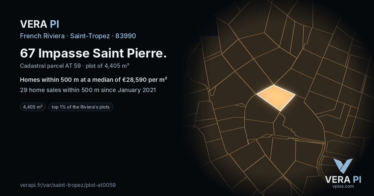 67 Impasse Saint Pierre, Saint-Tropez at night – the plot lit, the parcels around coloured by the prices near them