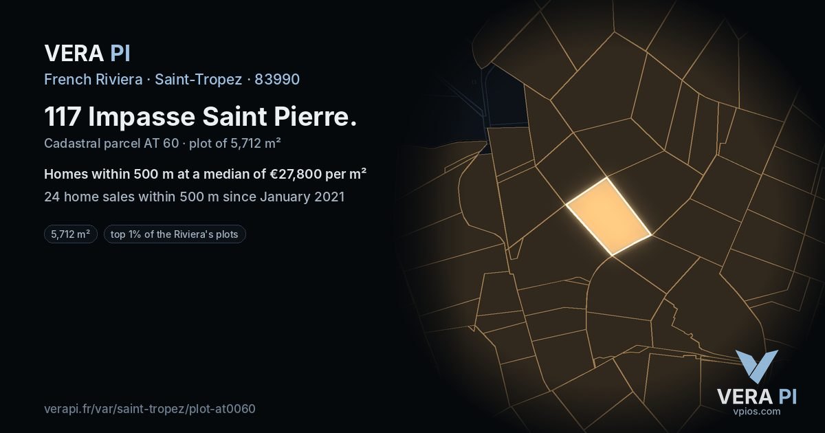 117 Impasse Saint Pierre, Saint-Tropez at night – the plot lit, the parcels around coloured by the prices near them