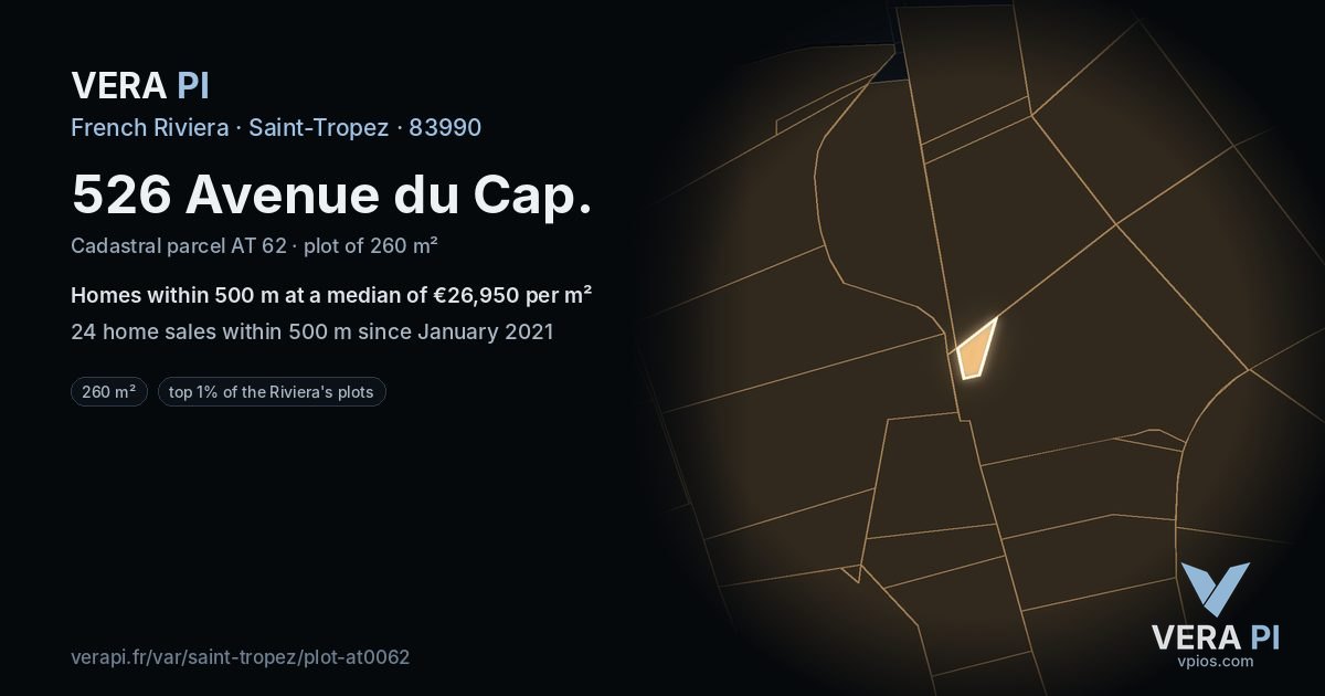 526 Avenue du Cap, Saint-Tropez at night – the plot lit, the parcels around coloured by the prices near them
