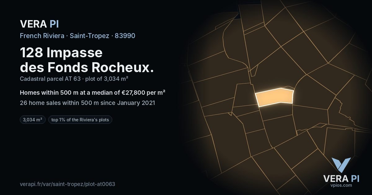 128 Impasse des Fonds Rocheux, Saint-Tropez at night – the plot lit, the parcels around coloured by the prices near them