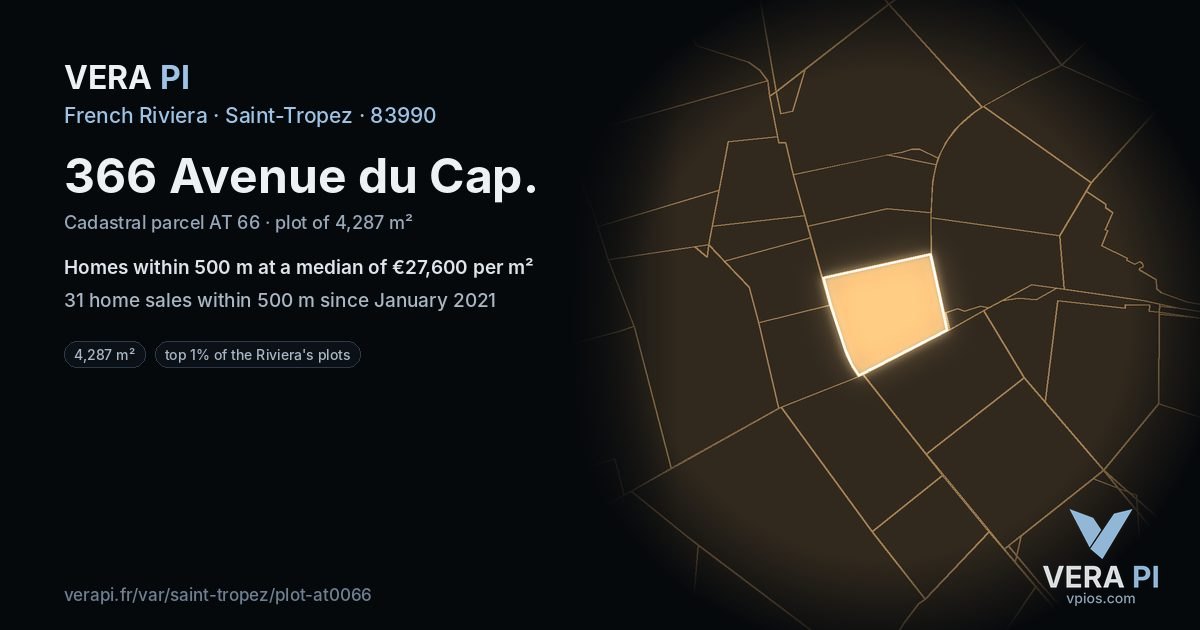 366 Avenue du Cap, Saint-Tropez at night – the plot lit, the parcels around coloured by the prices near them
