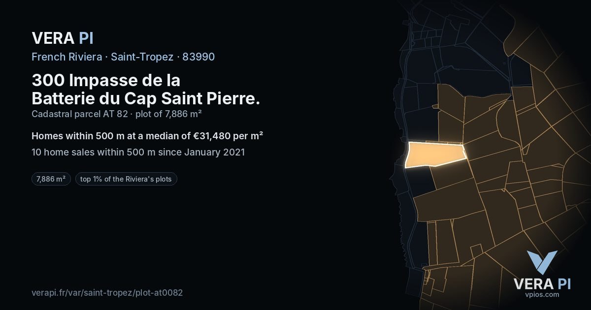 300 Impasse de la Batterie du Cap Saint Pierre, Saint-Tropez at night – the plot lit, the parcels around coloured by the prices near them