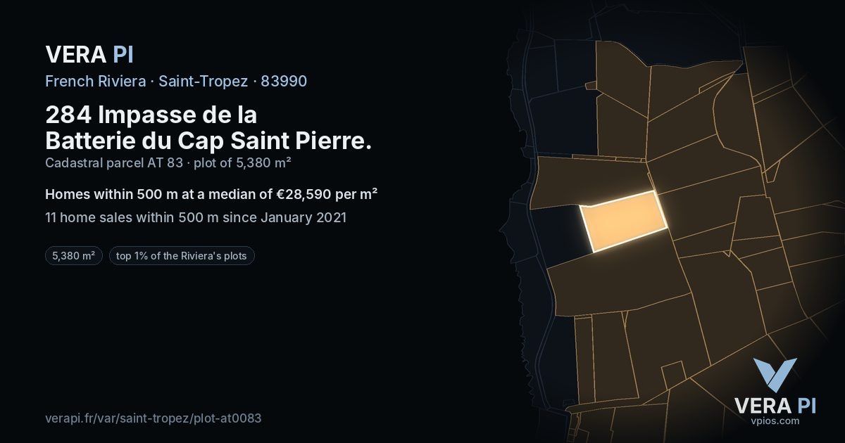 284 Impasse de la Batterie du Cap Saint Pierre, Saint-Tropez at night – the plot lit, the parcels around coloured by the prices near them