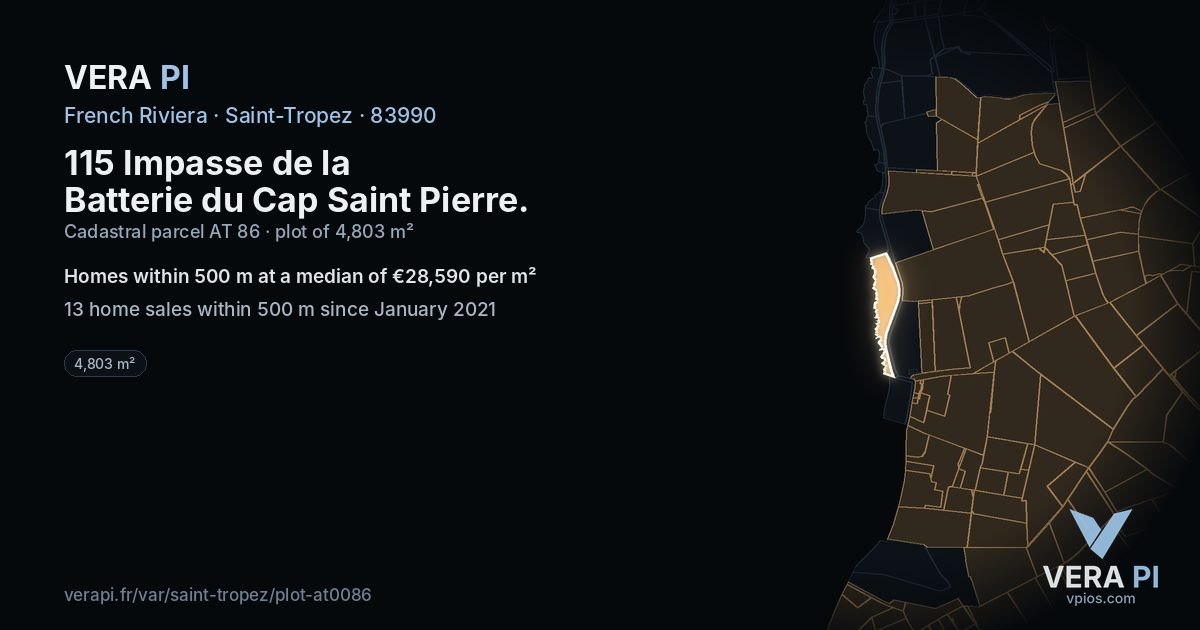 115 Impasse de la Batterie du Cap Saint Pierre, Saint-Tropez at night – the plot lit, the parcels around coloured by the prices near them