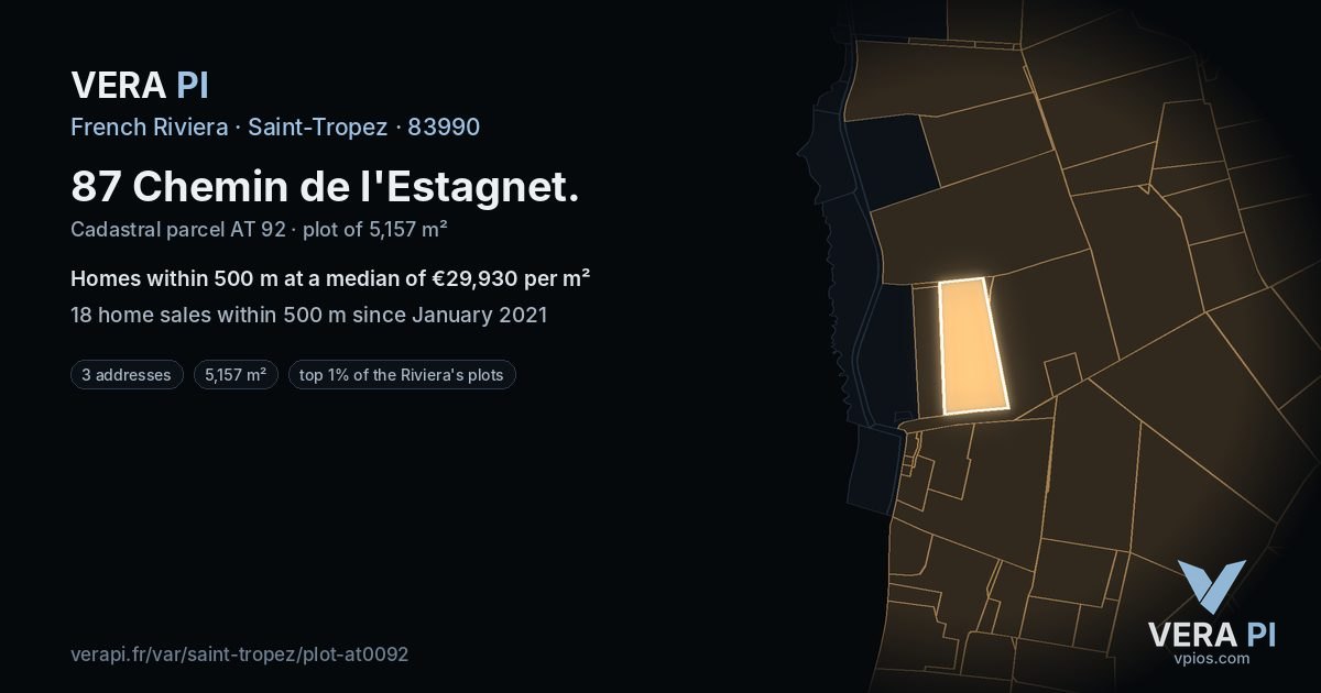 87 Chemin de l'Estagnet, Saint-Tropez at night – the plot lit, the parcels around coloured by the prices near them