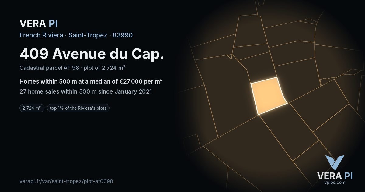 409 Avenue du Cap, Saint-Tropez at night – the plot lit, the parcels around coloured by the prices near them