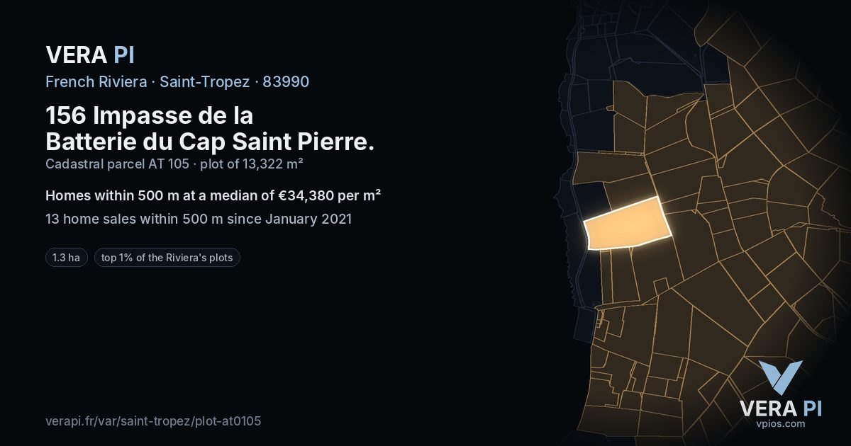 156 Impasse de la Batterie du Cap Saint Pierre, Saint-Tropez at night – the plot lit, the parcels around coloured by the prices near them