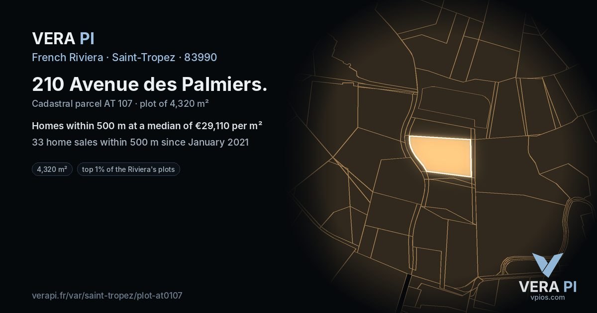 210 Avenue des Palmiers, Saint-Tropez at night – the plot lit, the parcels around coloured by the prices near them