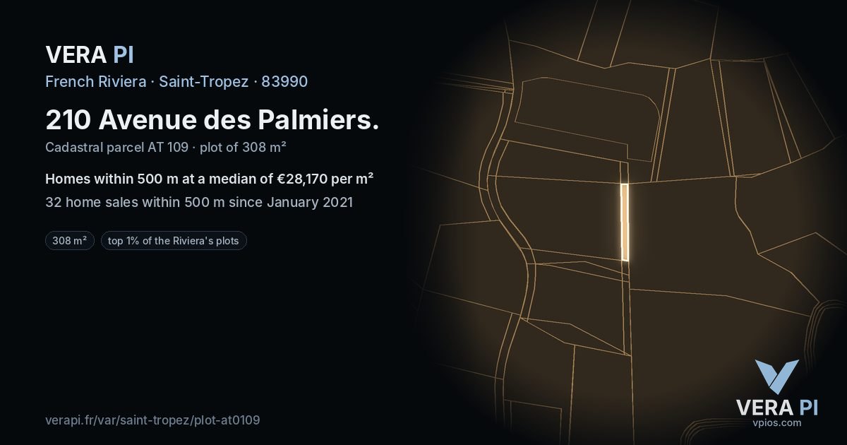 210 Avenue des Palmiers, Saint-Tropez at night – the plot lit, the parcels around coloured by the prices near them