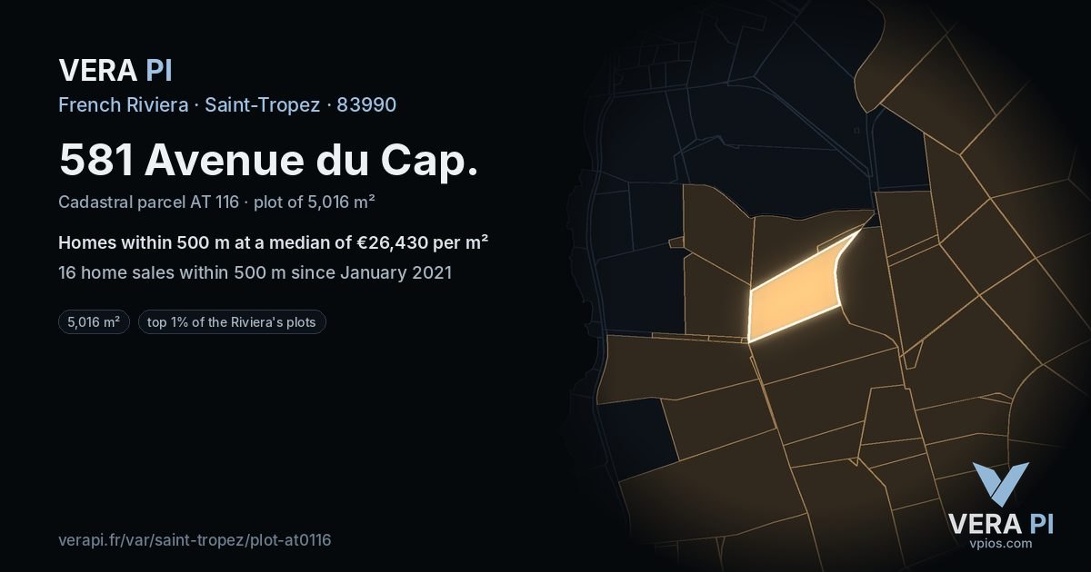 581 Avenue du Cap, Saint-Tropez at night – the plot lit, the parcels around coloured by the prices near them