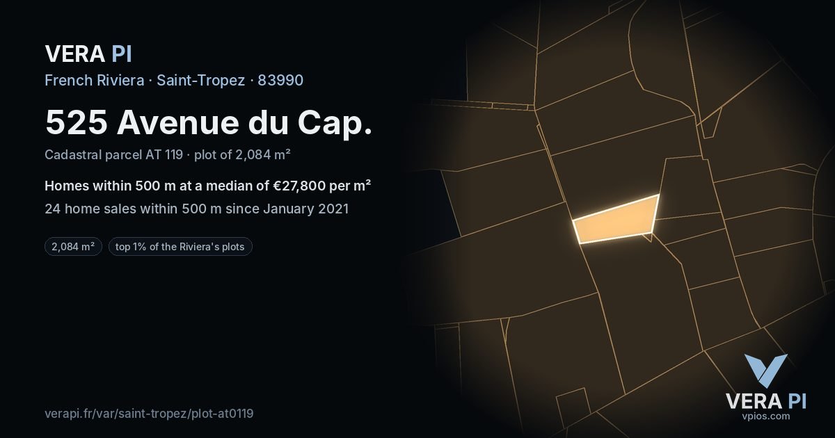 525 Avenue du Cap, Saint-Tropez at night – the plot lit, the parcels around coloured by the prices near them