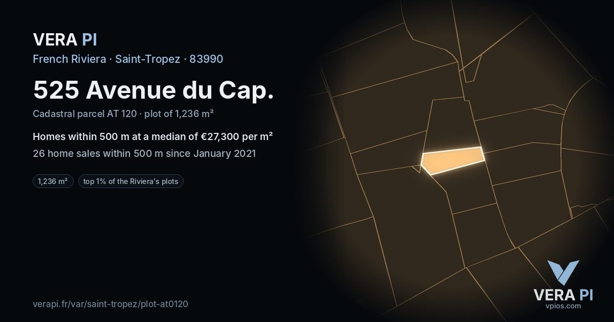 525 Avenue du Cap, Saint-Tropez at night – the plot lit, the parcels around coloured by the prices near them