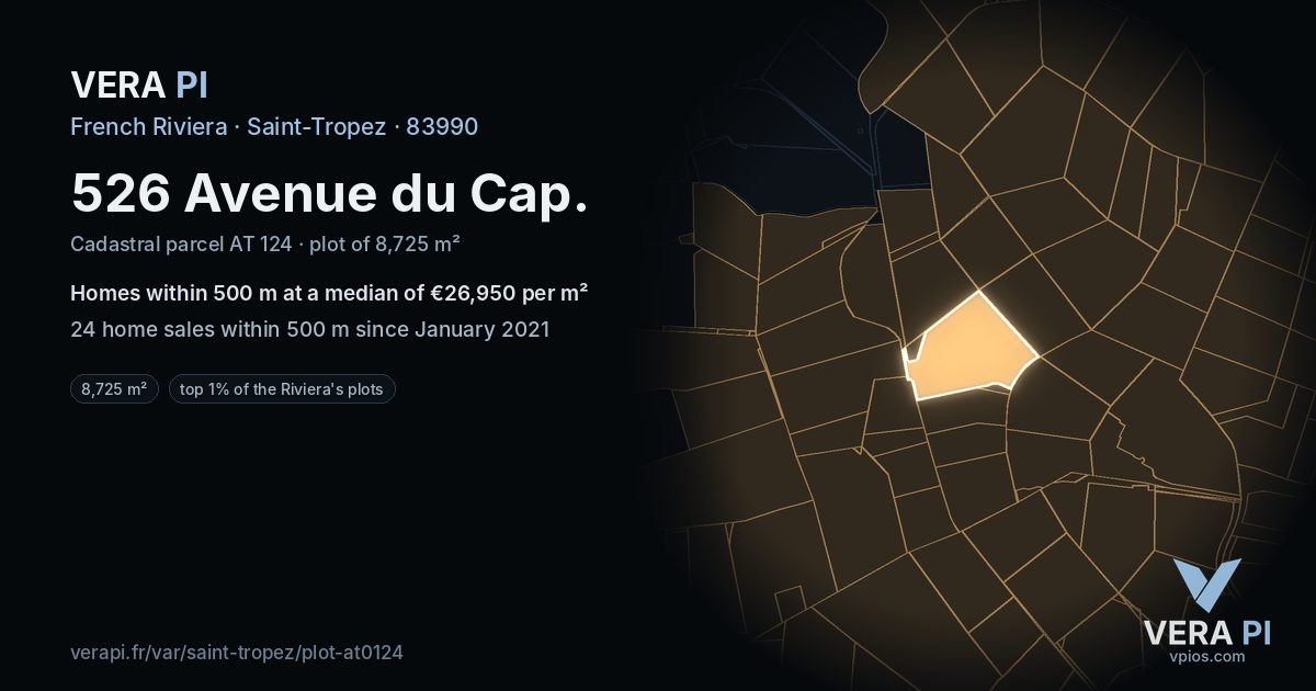 526 Avenue du Cap, Saint-Tropez at night – the plot lit, the parcels around coloured by the prices near them