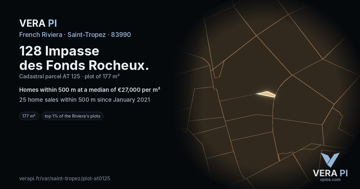 128 Impasse des Fonds Rocheux, Saint-Tropez at night – the plot lit, the parcels around coloured by the prices near them