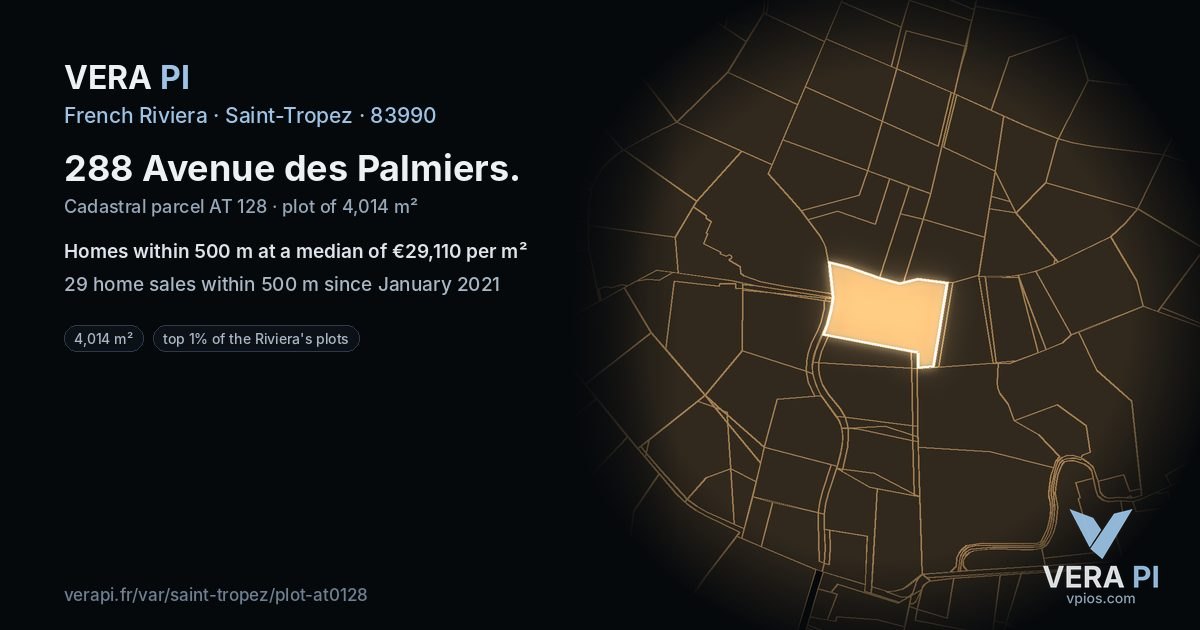 288 Avenue des Palmiers, Saint-Tropez at night – the plot lit, the parcels around coloured by the prices near them