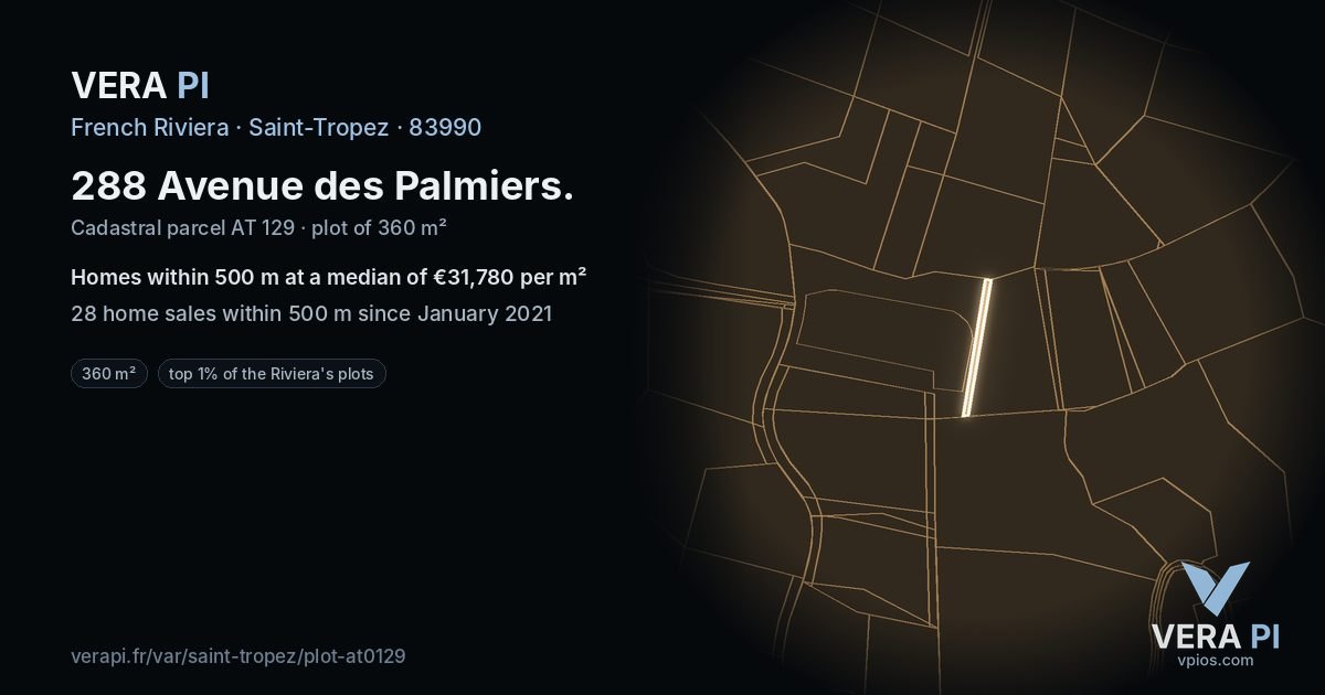 288 Avenue des Palmiers, Saint-Tropez at night – the plot lit, the parcels around coloured by the prices near them