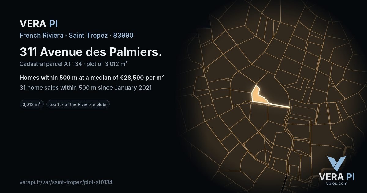 311 Avenue des Palmiers, Saint-Tropez at night – the plot lit, the parcels around coloured by the prices near them