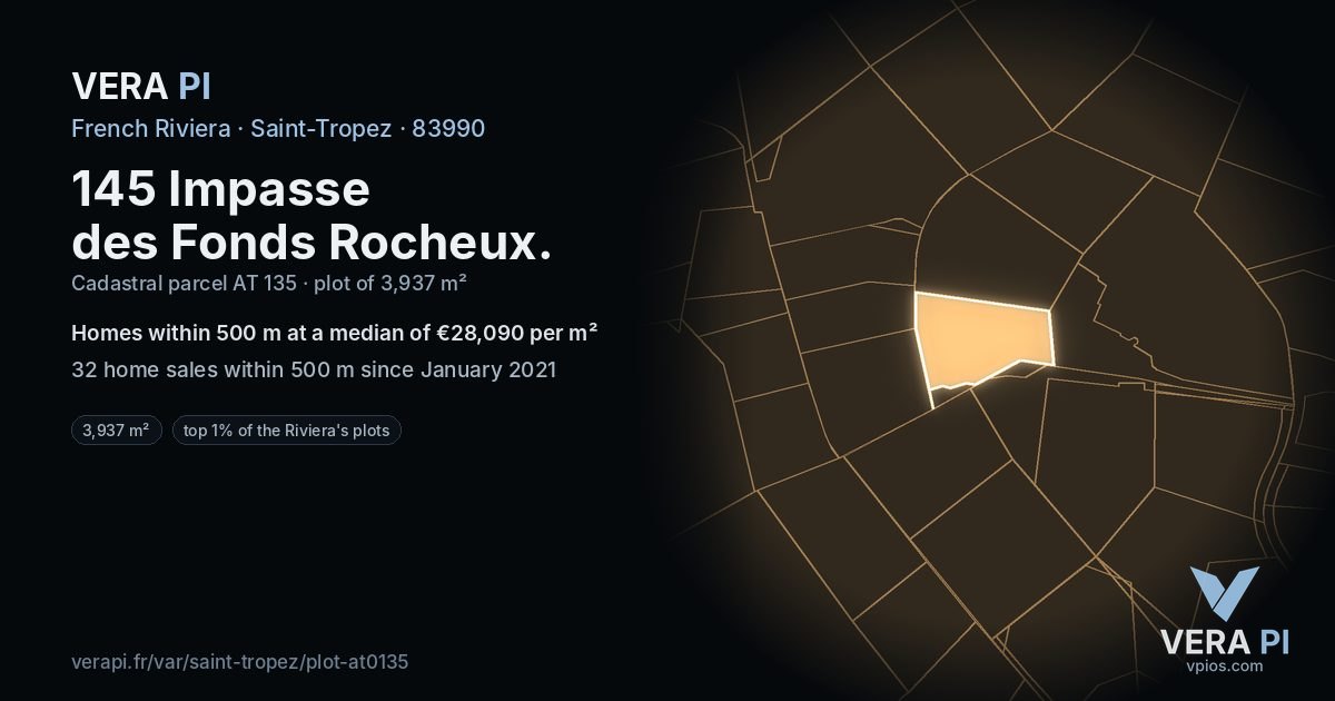 145 Impasse des Fonds Rocheux, Saint-Tropez at night – the plot lit, the parcels around coloured by the prices near them