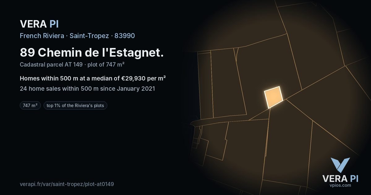 89 Chemin de l'Estagnet, Saint-Tropez at night – the plot lit, the parcels around coloured by the prices near them