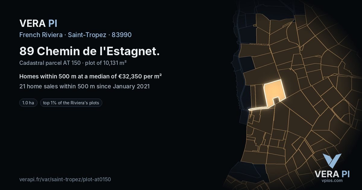 89 Chemin de l'Estagnet, Saint-Tropez at night – the plot lit, the parcels around coloured by the prices near them
