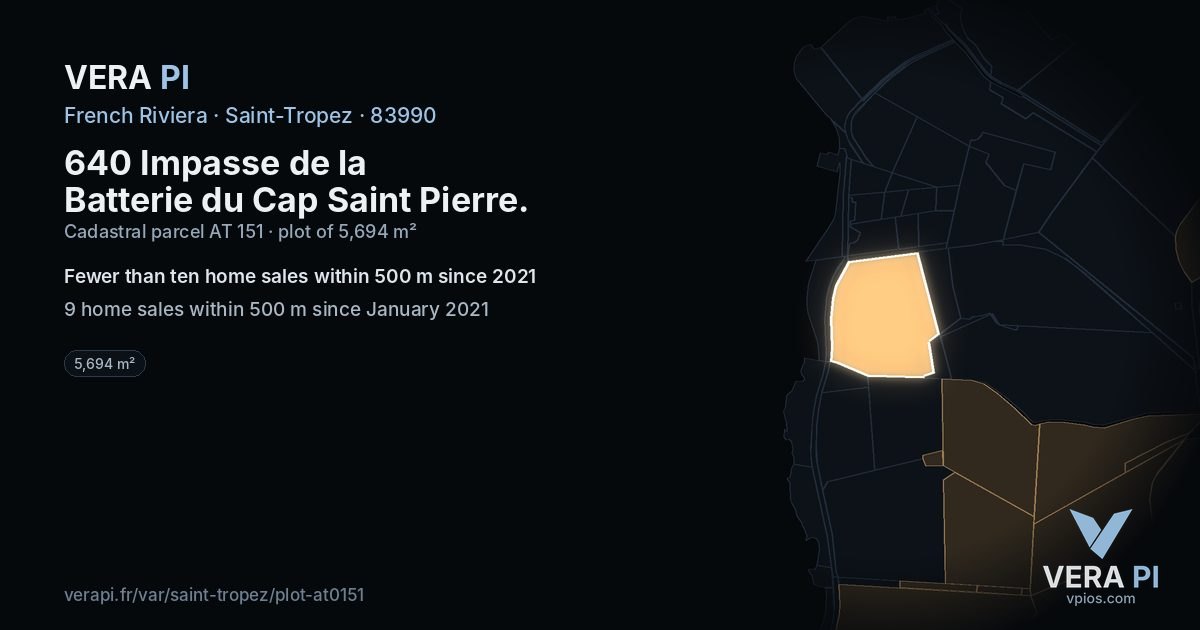 640 Impasse de la Batterie du Cap Saint Pierre, Saint-Tropez at night – the plot lit, the parcels around coloured by the prices near them