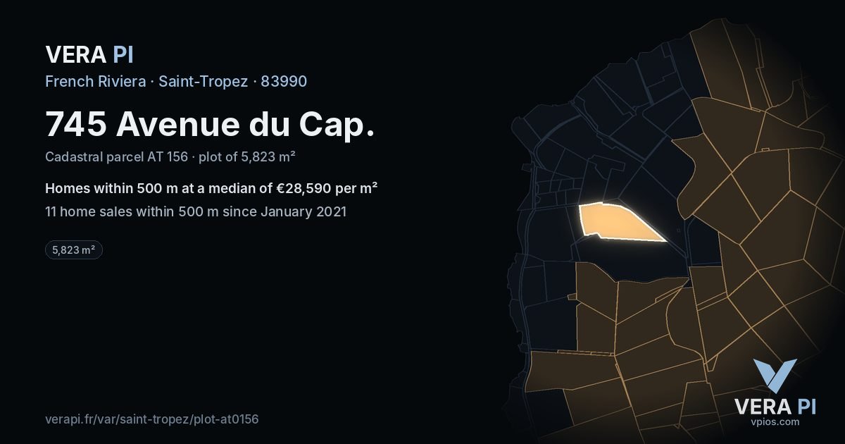 745 Avenue du Cap, Saint-Tropez at night – the plot lit, the parcels around coloured by the prices near them