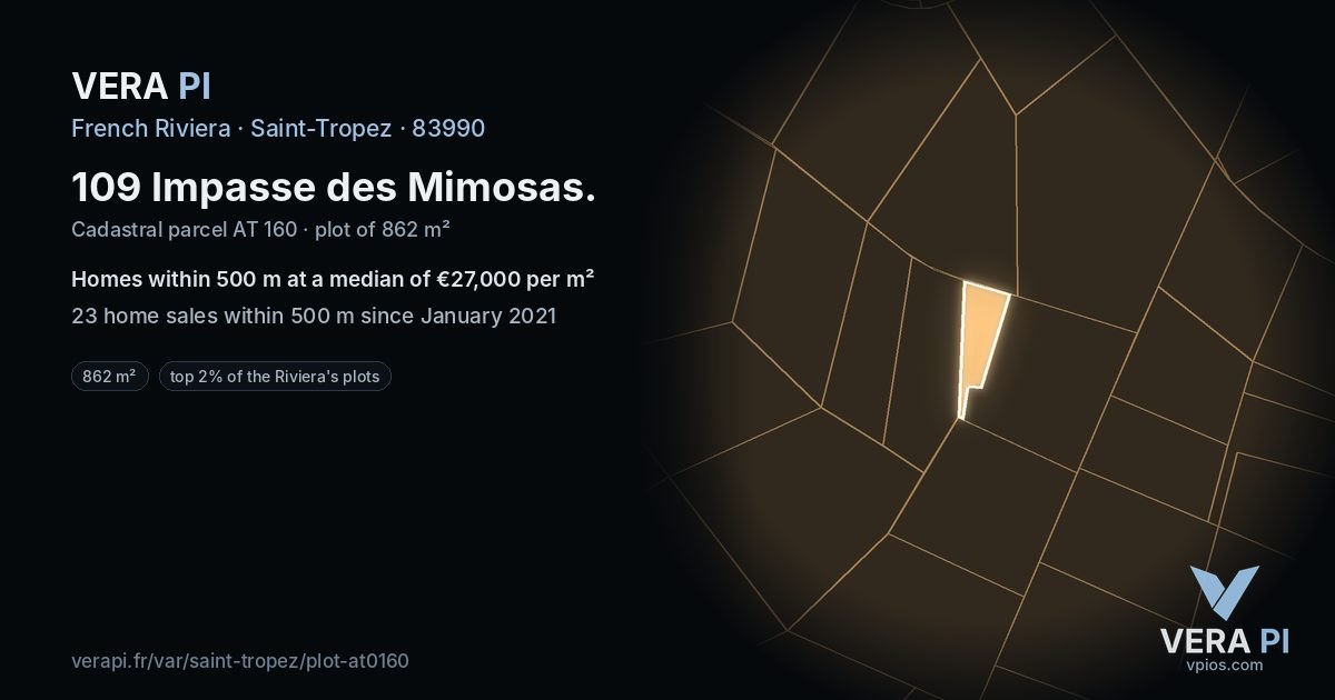 109 Impasse des Mimosas, Saint-Tropez at night – the plot lit, the parcels around coloured by the prices near them