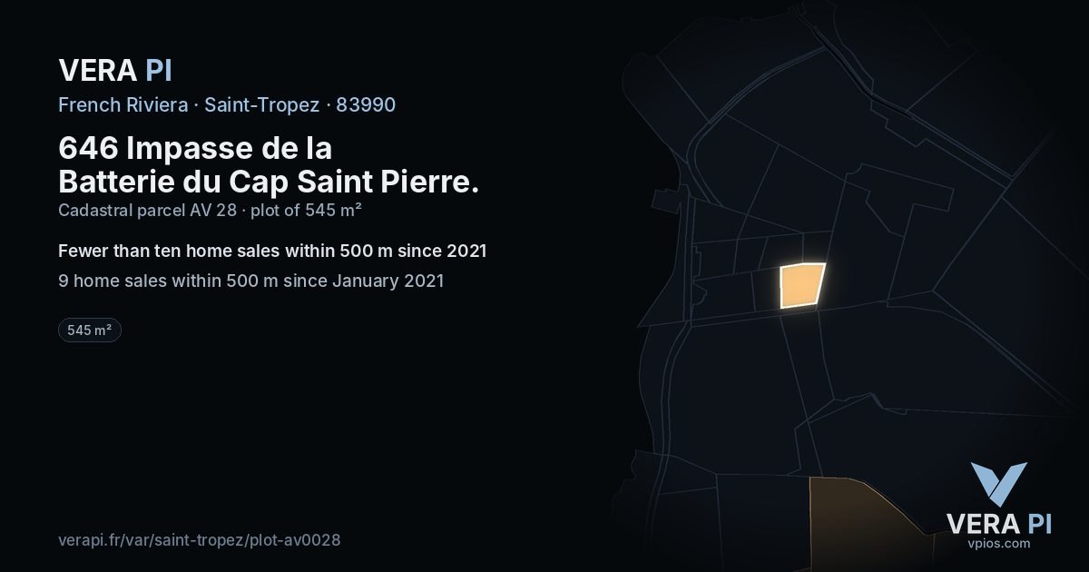 646 Impasse de la Batterie du Cap Saint Pierre, Saint-Tropez at night – the plot lit, the parcels around coloured by the prices near them