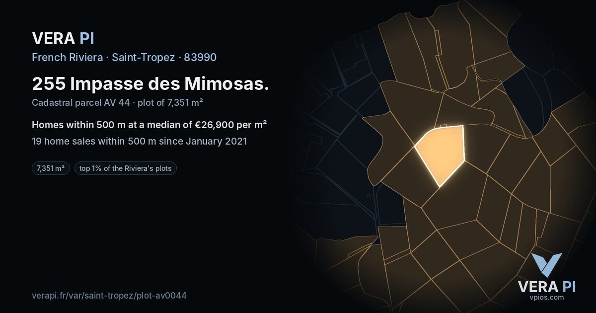 255 Impasse des Mimosas, Saint-Tropez at night – the plot lit, the parcels around coloured by the prices near them
