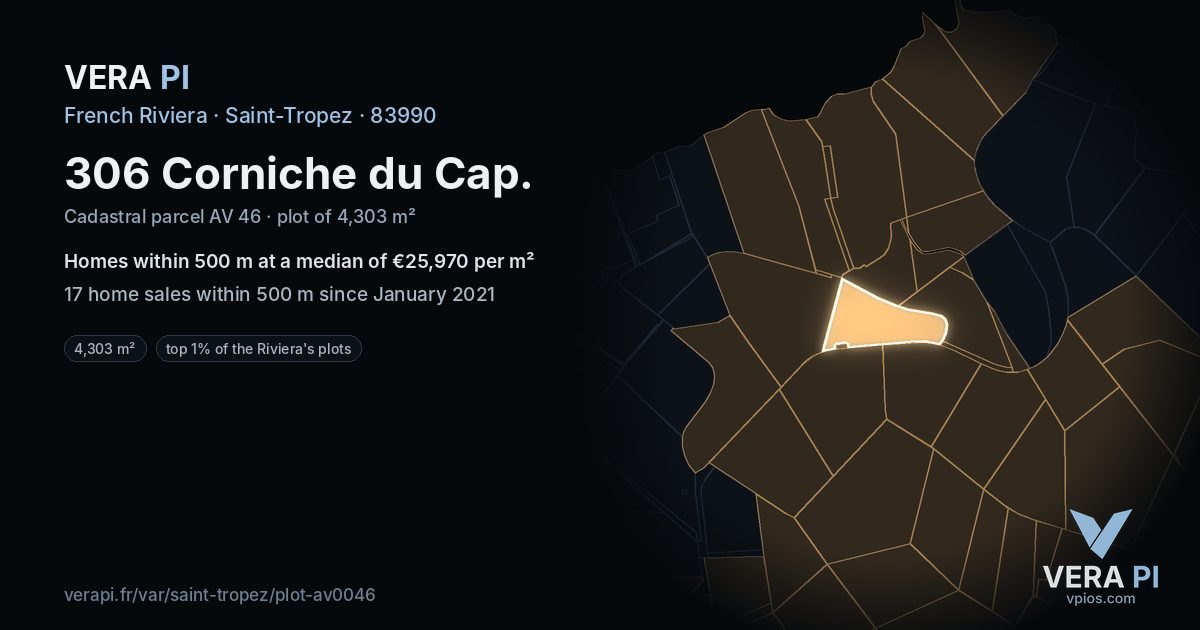 306 Corniche du Cap, Saint-Tropez at night – the plot lit, the parcels around coloured by the prices near them