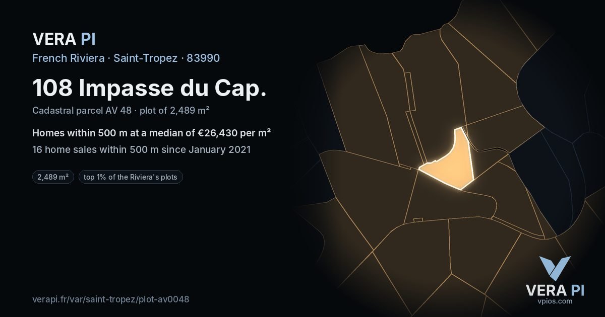 108 Impasse du Cap, Saint-Tropez at night – the plot lit, the parcels around coloured by the prices near them