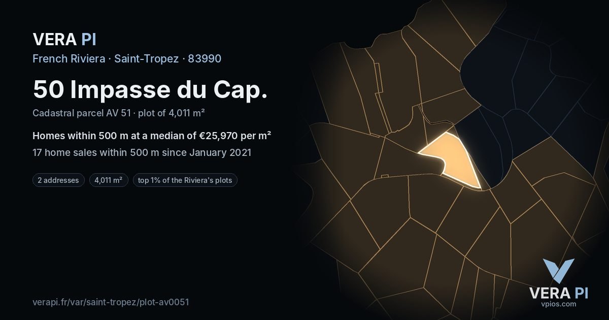 50 Impasse du Cap, Saint-Tropez at night – the plot lit, the parcels around coloured by the prices near them