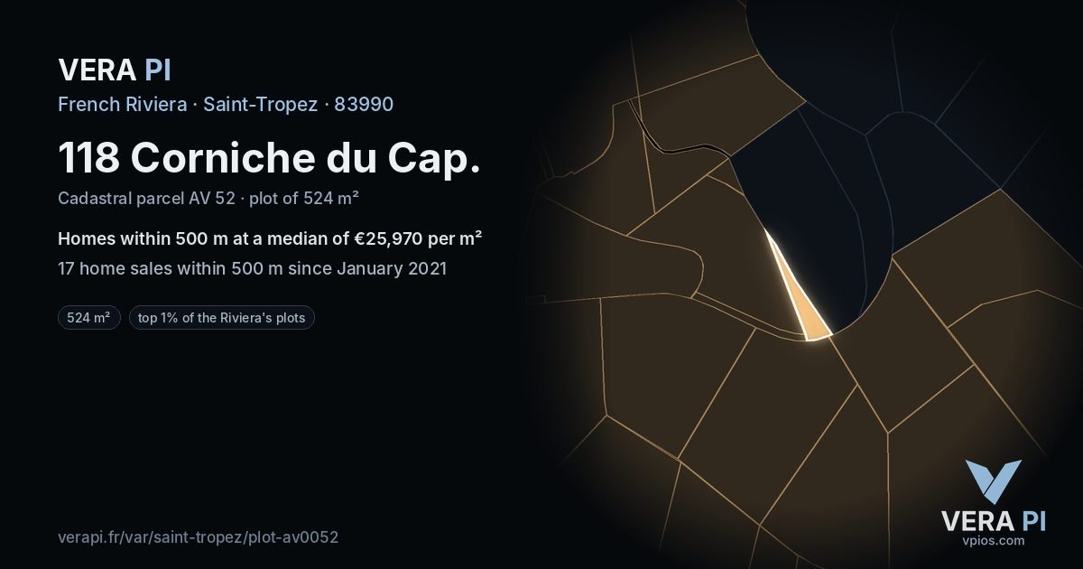 118 Corniche du Cap, Saint-Tropez at night – the plot lit, the parcels around coloured by the prices near them