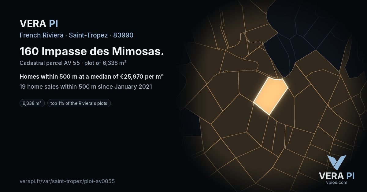 160 Impasse des Mimosas, Saint-Tropez at night – the plot lit, the parcels around coloured by the prices near them