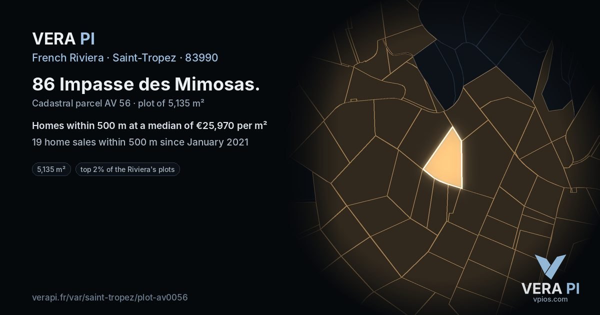 86 Impasse des Mimosas, Saint-Tropez at night – the plot lit, the parcels around coloured by the prices near them