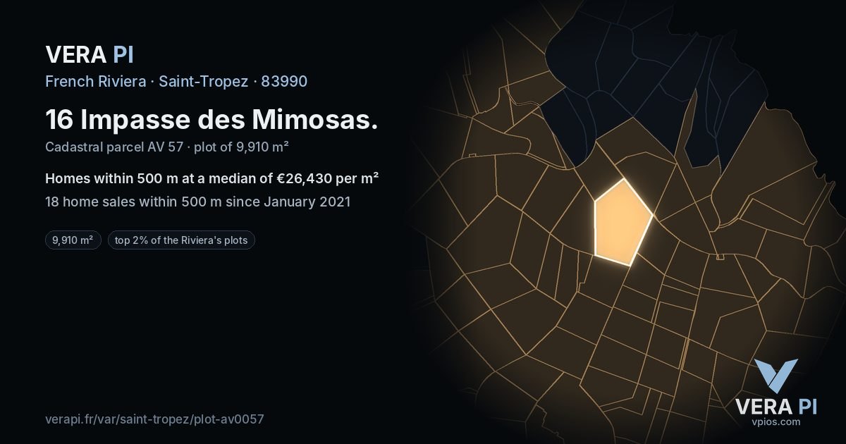 16 Impasse des Mimosas, Saint-Tropez at night – the plot lit, the parcels around coloured by the prices near them