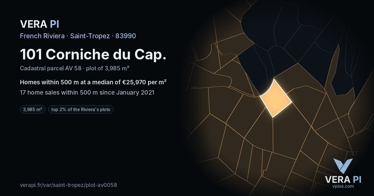101 Corniche du Cap, Saint-Tropez at night – the plot lit, the parcels around coloured by the prices near them
