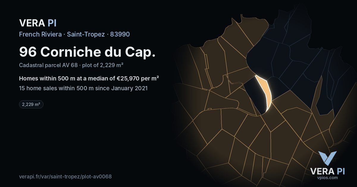 96 Corniche du Cap, Saint-Tropez at night – the plot lit, the parcels around coloured by the prices near them