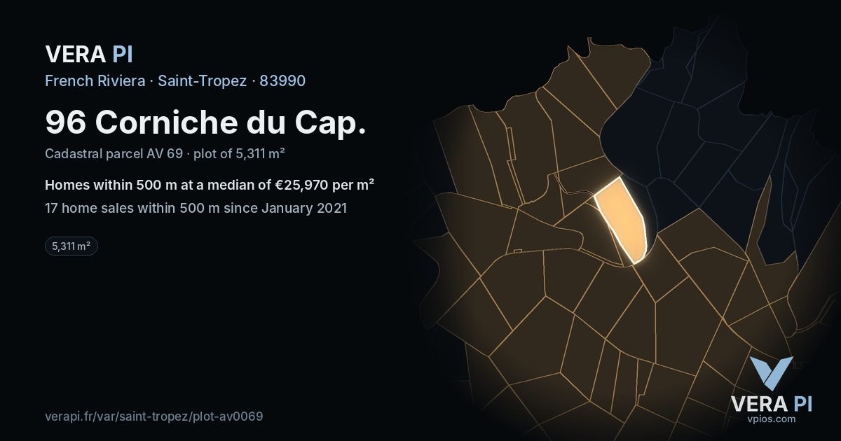 96 Corniche du Cap, Saint-Tropez at night – the plot lit, the parcels around coloured by the prices near them