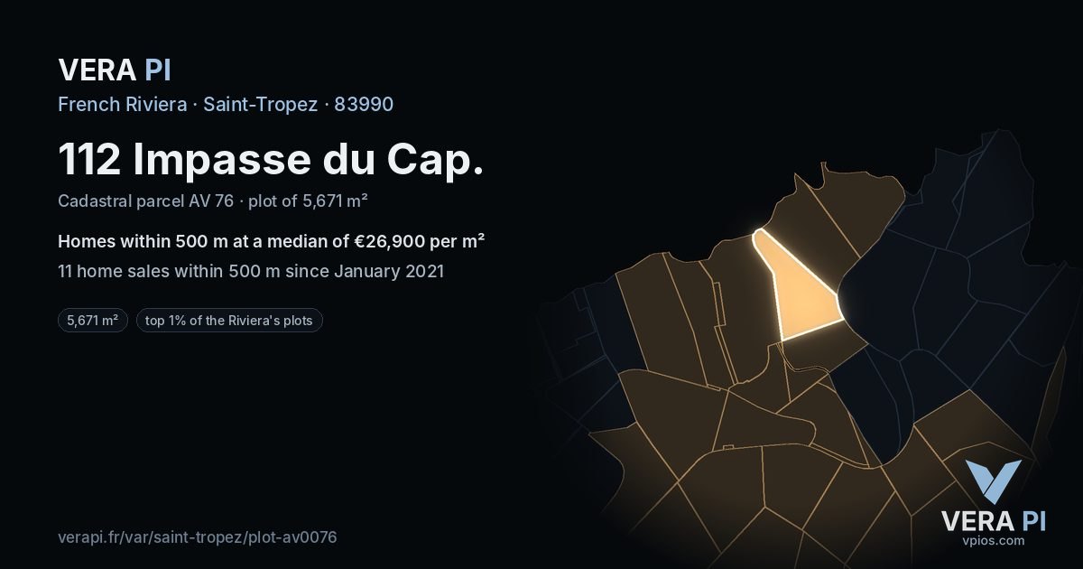112 Impasse du Cap, Saint-Tropez at night – the plot lit, the parcels around coloured by the prices near them