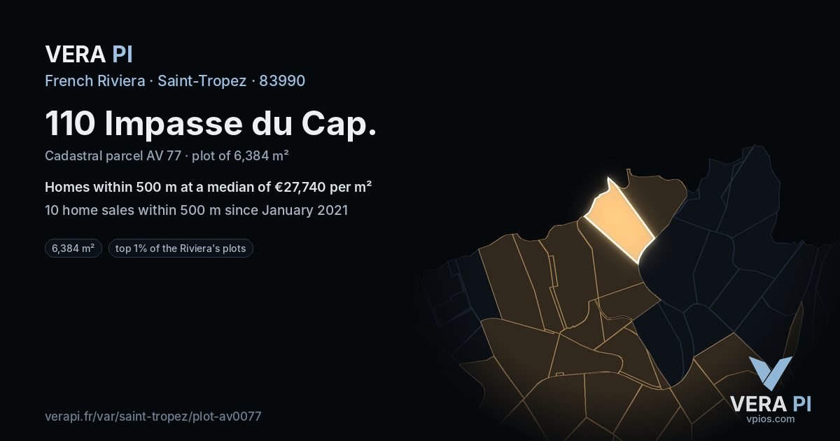 110 Impasse du Cap, Saint-Tropez at night – the plot lit, the parcels around coloured by the prices near them