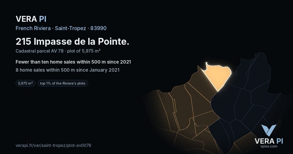 215 Impasse de la Pointe, Saint-Tropez at night – the plot lit, the parcels around coloured by the prices near them