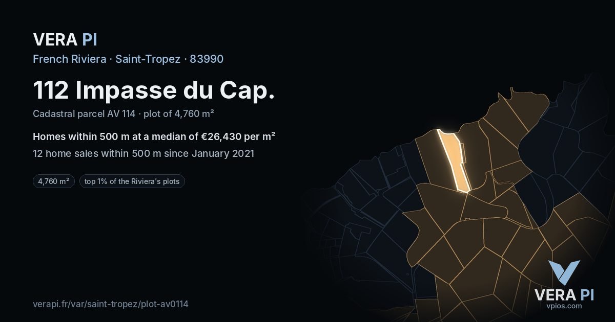 112 Impasse du Cap, Saint-Tropez at night – the plot lit, the parcels around coloured by the prices near them